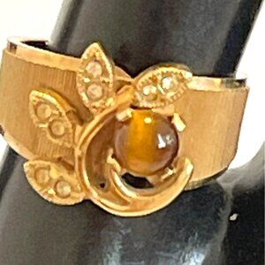 18K Gold Plated Ring Ribbed Band Tiger Eye Stone Crystal Accents Sz 6.75 Vintage